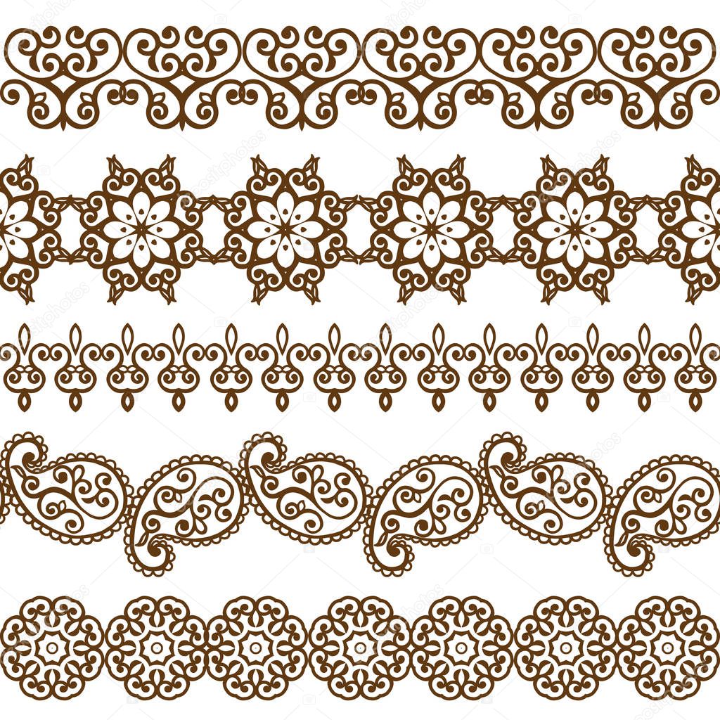 Set of oriental borders with paisley. Traditional paisley pattern. Mehndi and tattoo. Decorative pattern in ethnic oriental style.