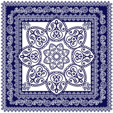 Indigo geleneksel desenli desen. Vektör süsleme desenli Bandana baskı, kumaş üzerine baskı için kare desen tasarım stil.