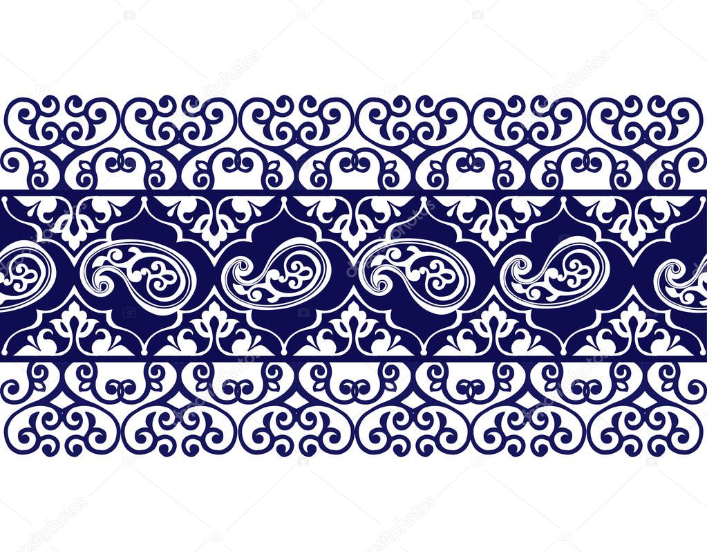 Striped pattern with paisley. Floral wallpaper. Indigo traditional paisley pattern. Decorative ornament backdrop for fabric, textile, wrapping paper.