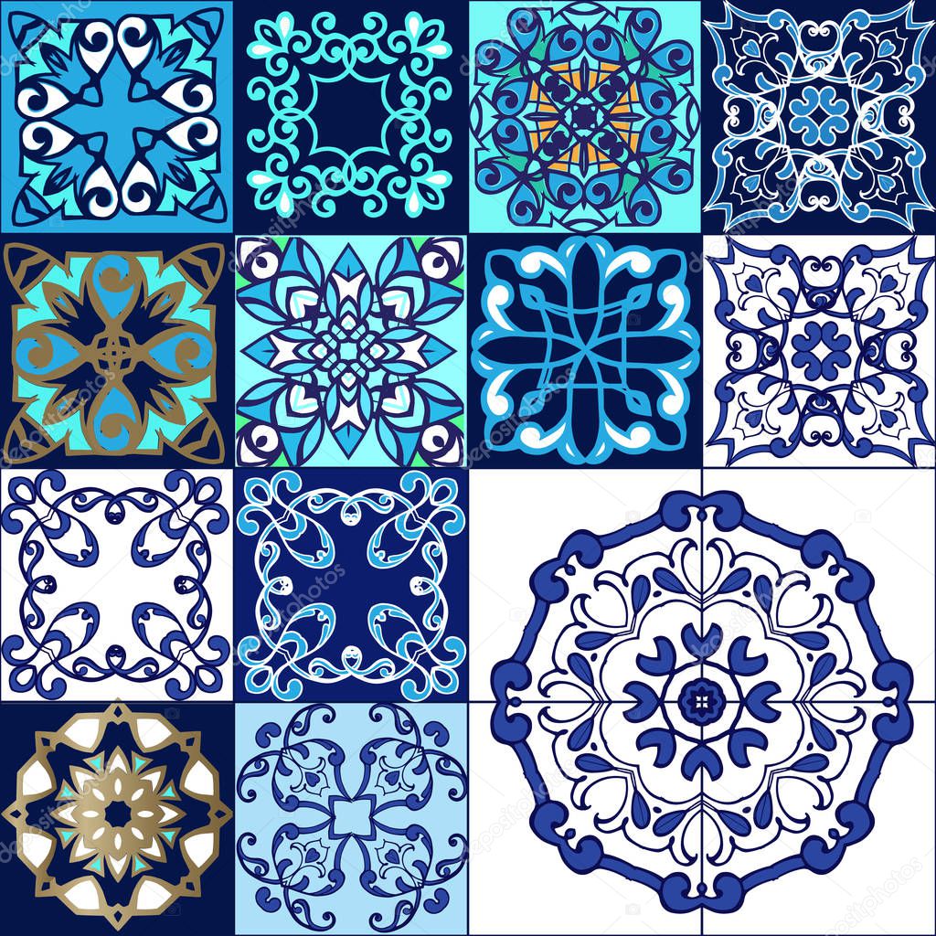 Patchwork pattern from Moroccan ,Portuguese tiles. Pattern Portugal Geometric Ceramic Design Tile Vintage Illustration background Vector Texture Pattern.