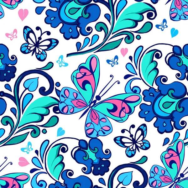 Volkstümliche Florale Nahtlose Muster Mit Blauen Und Rosa Schmetterlingen Blumenschmuck — Stockvektor