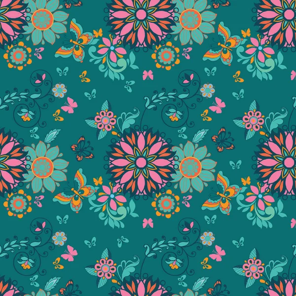Ludowe Kwiatowy Wzór Tapetą Motywem Kwiatowym Dekoracyjny Ornament Tkaniny Tekstylia — Wektor stockowy