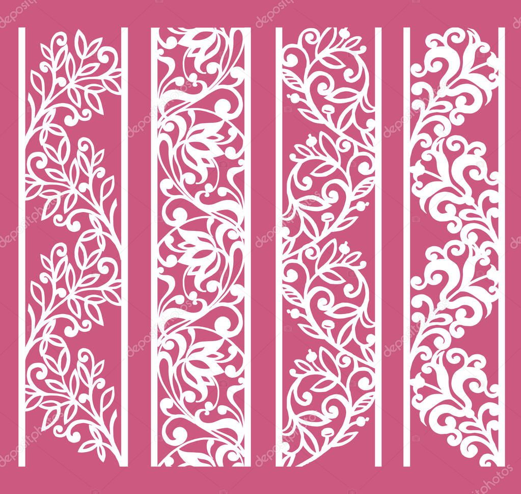 Set of decorative lace borders. Ornamental panels with floral pattern. Flowers and leaves. Set of bookmarks templates. Image suitable for laser cutting, plotter cutting or printing.