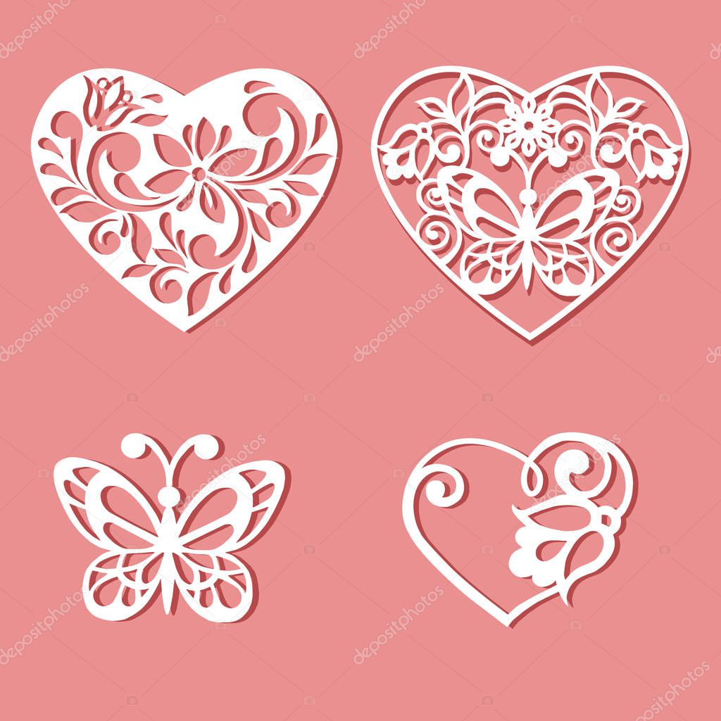Set of laser cut hearts. Template for interior design, layouts wedding cards, invitations