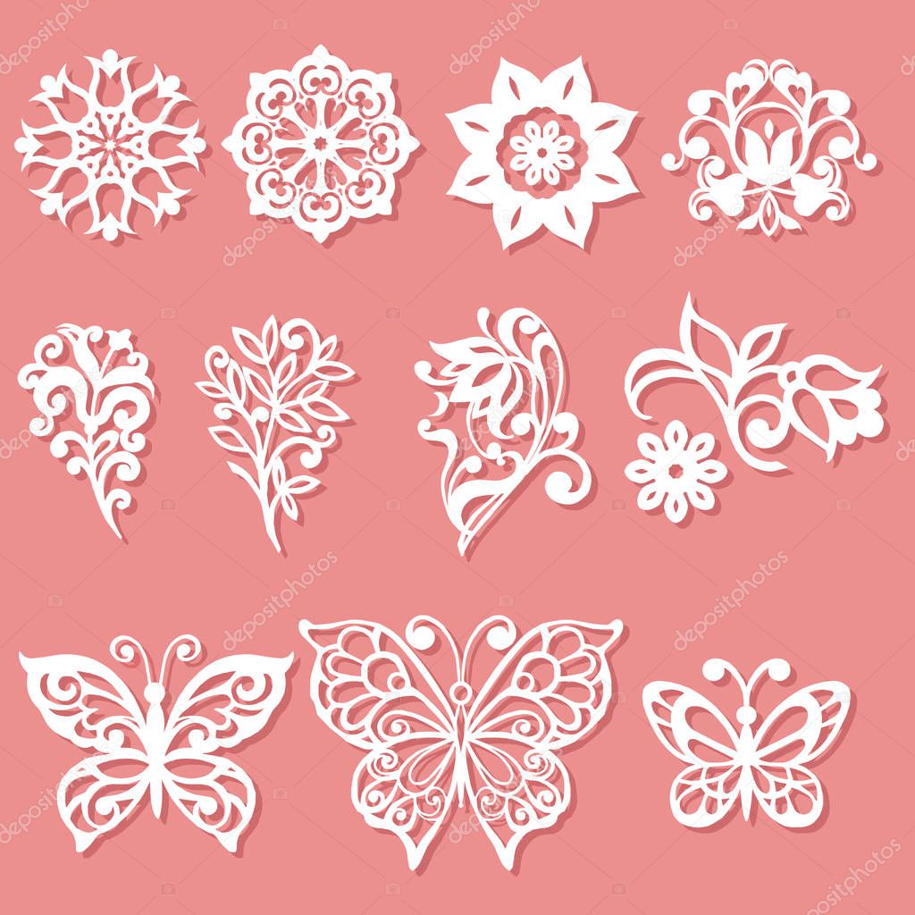 Set laser cutting template. Flowers, leaves and butterflies for the lace decoration. Decorative butterfly for laser cutting. Vector illustration