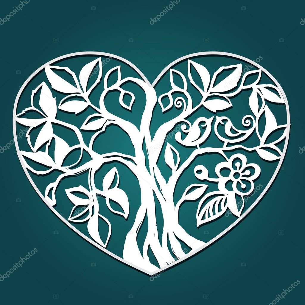 Tree in a heart for laser cutting. Image suitable for laser cutting, plotter cutting or printing. -  