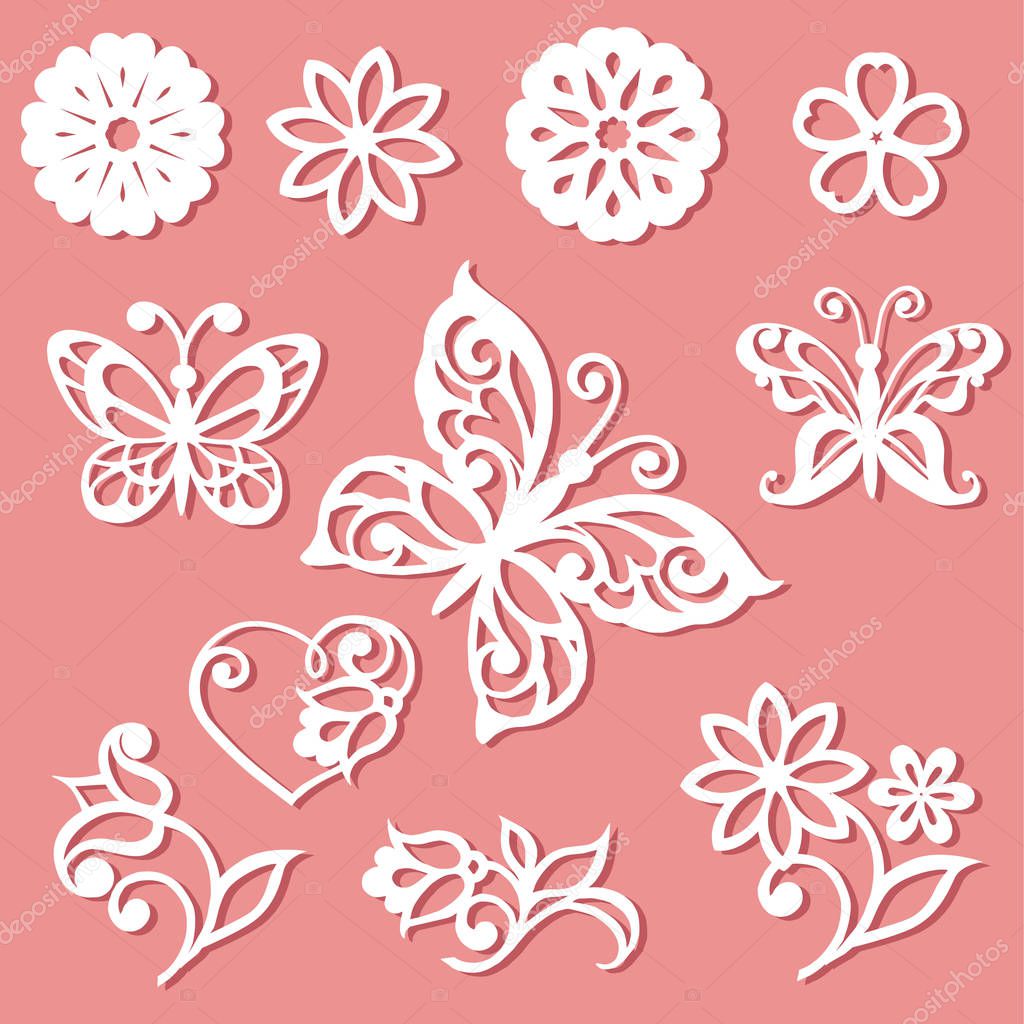 Set laser cutting template. Flowers, leaves and butterflies for the lace decoration -  
