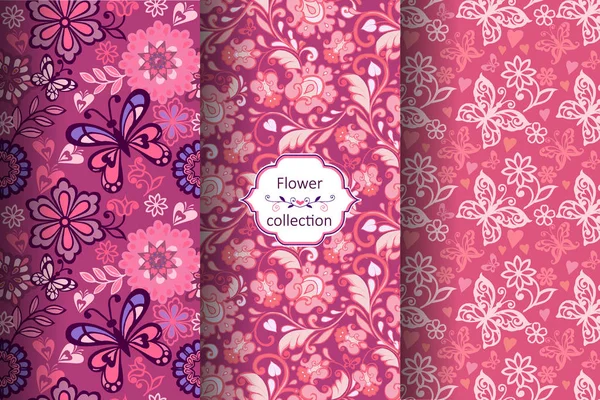 Rosafarbenes Set Mit Nahtlosem Blumenmuster Und Herzen Niedliche Florale Ornamente — Stockvektor