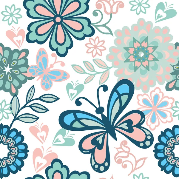 Patrón Floral Popular Sin Costuras Con Mariposas Azules Rosadas Adorno — Vector de stock