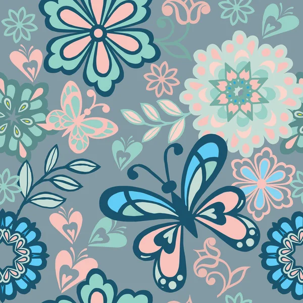 Patrón Floral Popular Sin Costuras Con Mariposas Azules Rosadas Adorno — Archivo Imágenes Vectoriales