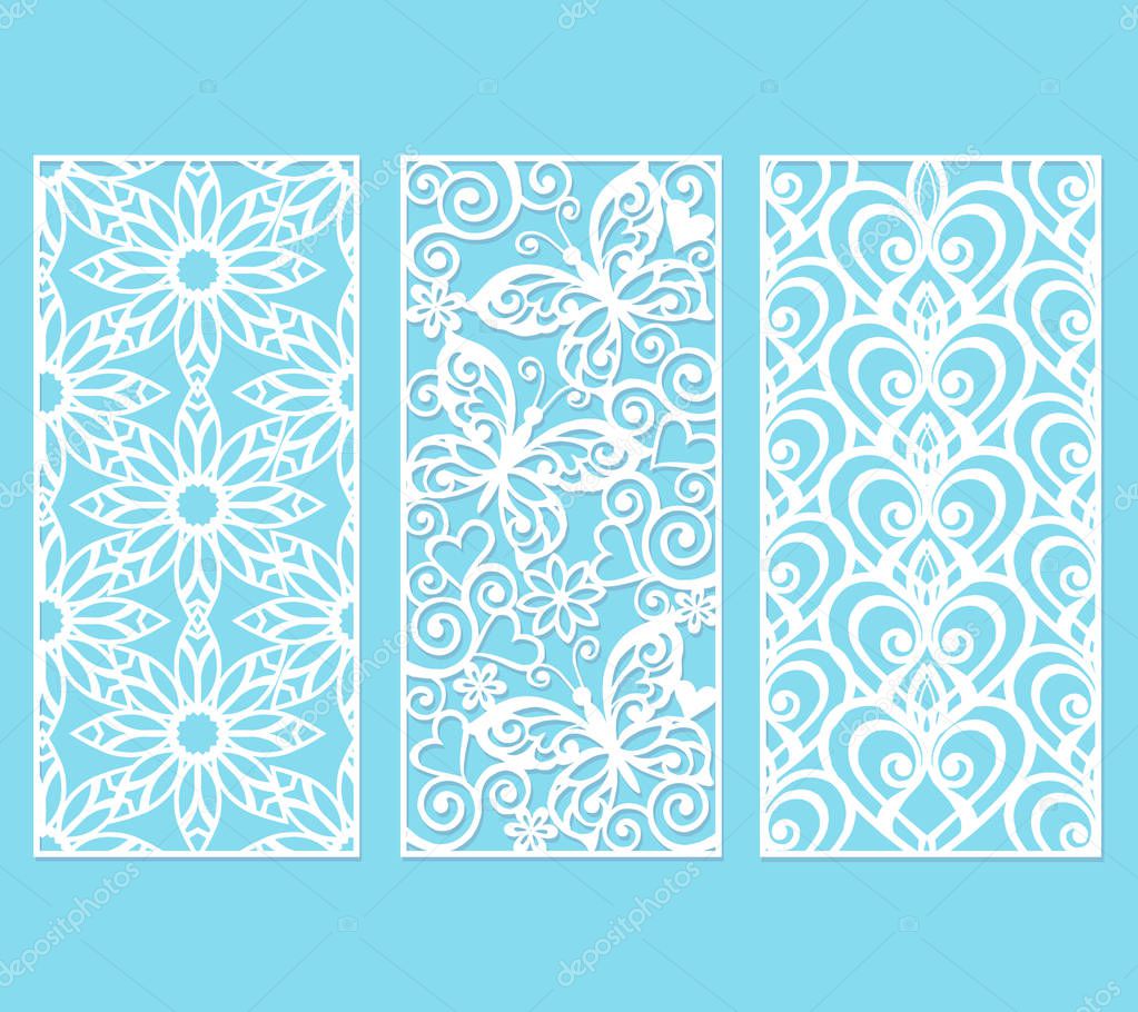 Set of decorative lace borders with hearts. Ornamental panels with floral pattern. Flowers and and hearts. Set of bookmarks templates. Image suitable for laser cutting, plotter cutting or printing.