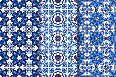 Çivit mavi sorunsuz çinileri kümesi. Süs Indigo Tekstil arka plan. Dekoratif süsleme kumaş, tekstil, kağıt ambalaj için. 