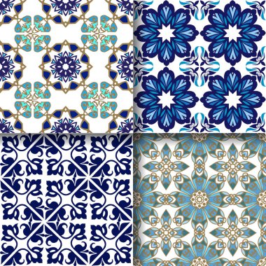 Mavi sorunsuz döşeme desenleri kümesi. Lizbon geometrik Azulejo döşeme vektör deseni, Portekizce veya İspanyol retro mozaik karolar. Süs Indigo Tekstil arka plan