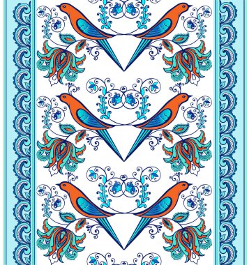 Renkli desen desenli ve stilize kuşlar ile. Kuşlar ve çiçekler ile vektör duvar kağıdı. Dekoratif süsleme kumaş, tekstil, kağıt ambalaj için. 
