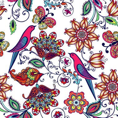 Renkli çiçek dekoratif seamless modeli ile kuşlar. Fantastik çiçekler ve paisley. Hint desen. Dekoratif süsleme kumaş, tekstil, kağıt ambalaj için. 