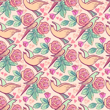 Gül, kalpleri ve kuşlar, pembe sevimli sorunsuz çiçek deseni. Çiçek duvar kağıdı. Dekoratif süsleme kumaş, tekstil, kağıt ambalaj için. 