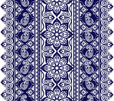 Dantel bohem sorunsuz kenarlık kümesi. Dekoratif süsleme kumaş, tekstil, kağıt ambalaj için. Indigo geleneksel desenli desen. Çizgili mavi çiçek motifleri, Paisleys.