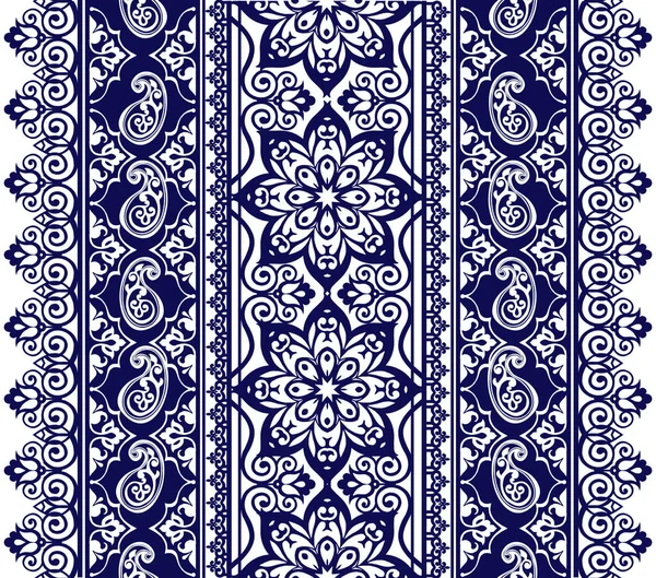 レース ボヘミアンのシームレスな境界線のセットです 包装紙の装飾的な飾り インディゴの伝統的なペイズリー柄 ブルーの花柄 ペイズリーのストライプ — ストックベクタ