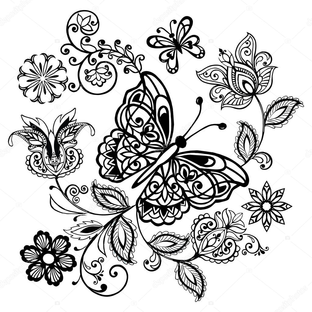 Decorative butterfly with floral ornament for anti Stress Coloring. Luxurious butterfly with fantastic colors isolated on white background.