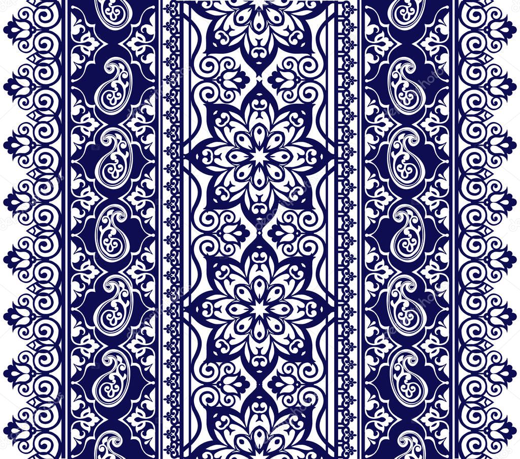 Set of Lace Bohemian Seamless Borders. Decorative ornament for fabric, textile, wrapping paper. Indigo traditional paisley pattern. Stripes with Blue Floral Motifs, Paisleys.