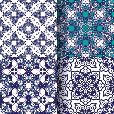 Mavi dikişsiz desen, fayans, patchwork kümesi. Fas, Portekiz mavi renklerde Toplama sorunsuz patchwork desen fayans. Dekoratif süs duvar kağıdı, arka plan, kumaş için kullanılabilir