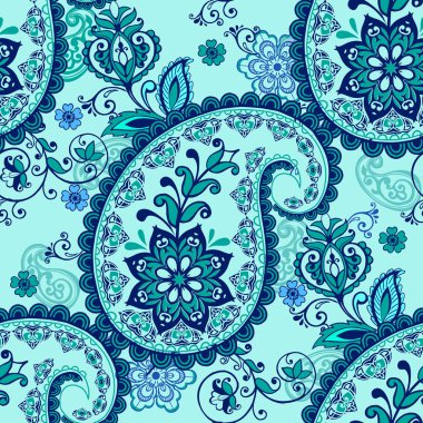 Hint tarzında Dikişsiz Paisley desen. Çiçekli duvar kağıdı. Kumaş, tekstil, ambalaj kağıdı için dekoratif süs. Indigo geleneksel paisley desen