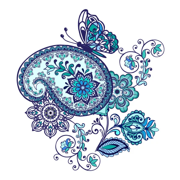 ペイズリーと蝶と幻想的な花と華やかな装飾 ベクトルイラスト — ストックベクタ