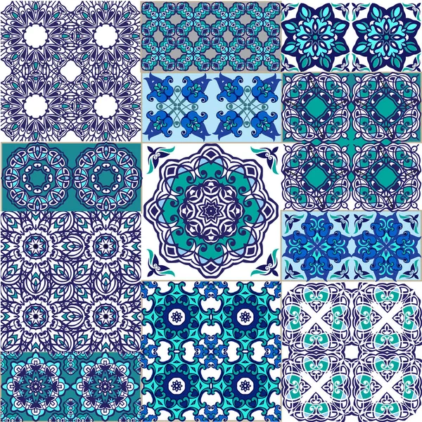 Set Carrelage Azulejo Bleu Blanc Décor Traditionnel Portugais Espagnol Original — Image vectorielle