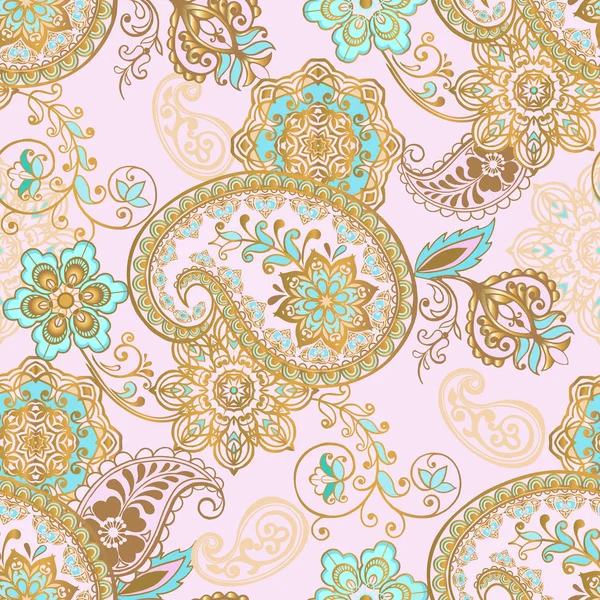 Oriental Seamless Paisley Pattern Floral Wallpaper Blue Gold Colors Traditional — Stock Vector