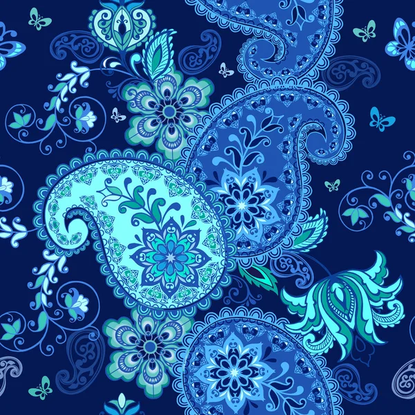 Indigo Traditionelles Paisley Muster Orientalischen Nahtlosen Paisley Hintergrund Blumentapete Dekoratives — Stockvektor