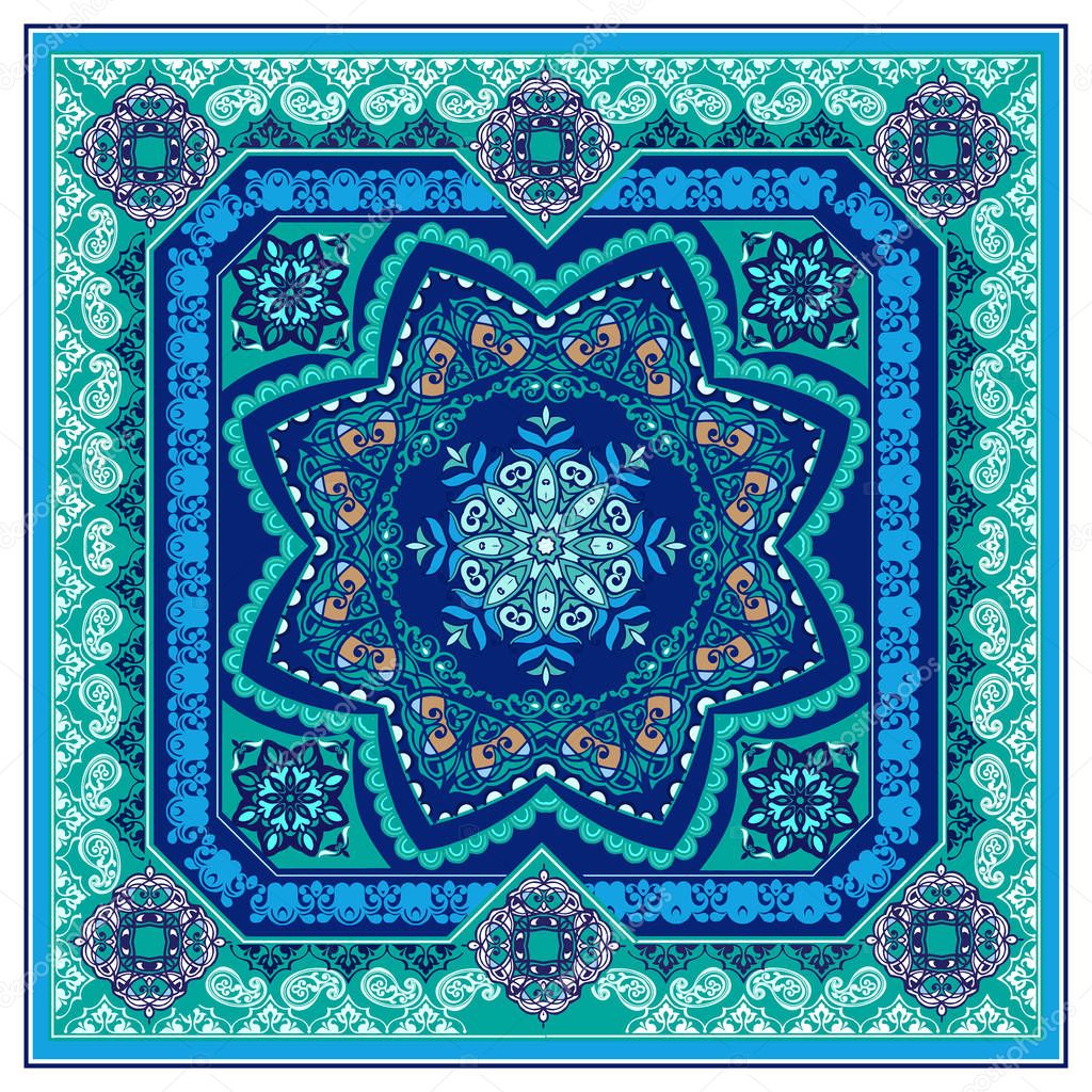 Vector ornament paisley Bandana Print. Blue Silk neck scarf or kerchief square pattern design style for print on fabric