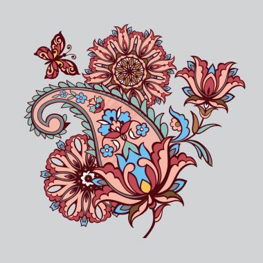 Paisley ve kelebekler ile fantastik çiçeklerle süslü süsleme. Vektör çizim