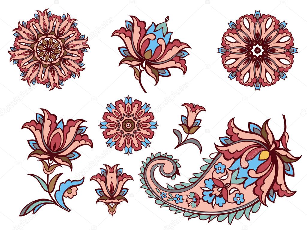 Collection of Elements of Indian ornament, paisley, mandala. Vector illustration.