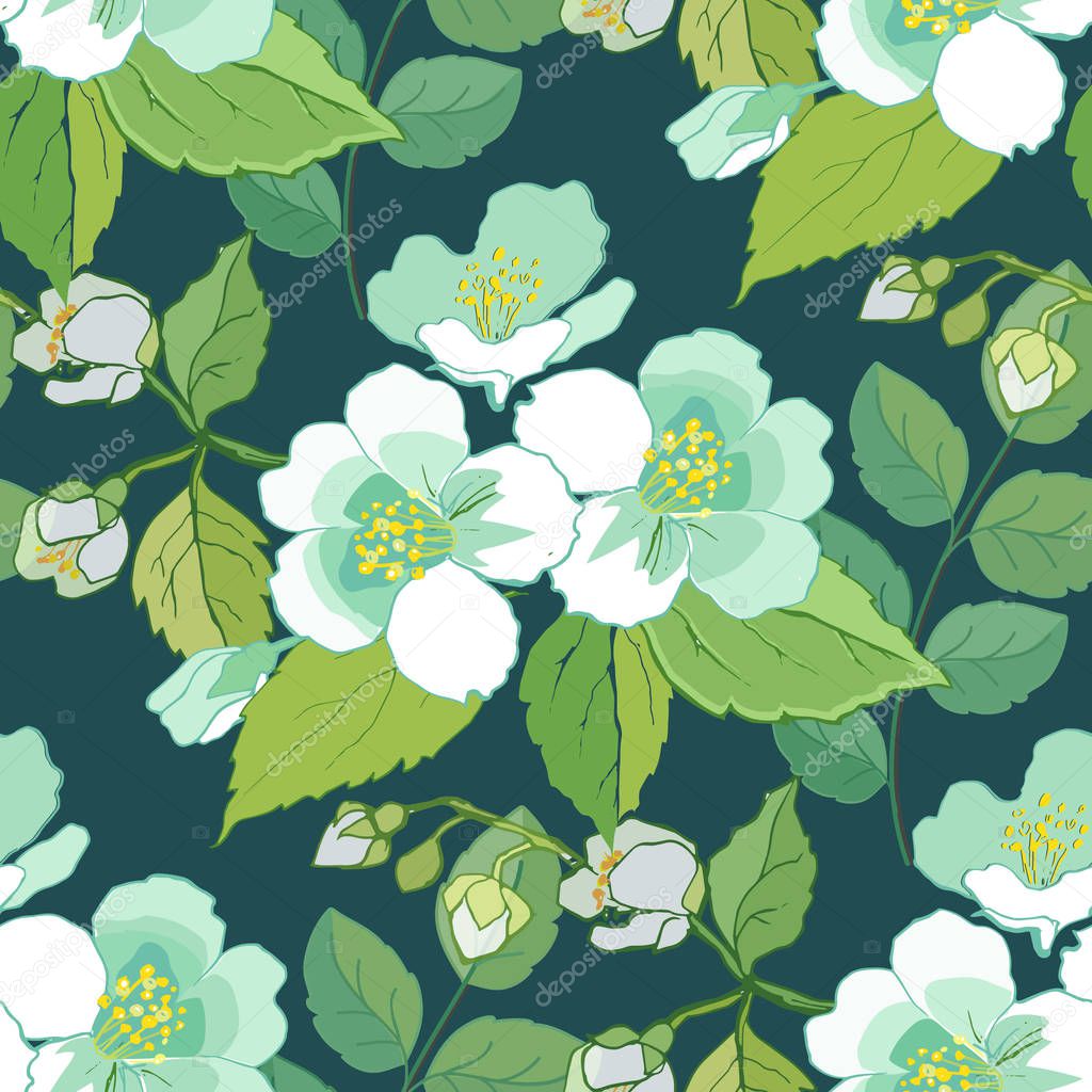 Blooming jasmine seamless pattern. Spring vector background. Floral wallpaper. Decorative ornament for fabric, textile, wrapping paper