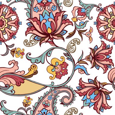 Paisley ile Fantastik çiçek dikişsiz desen. Çiçekli duvar kağıdı. Kumaş, tekstil, ambalaj kağıdı için dekoratif süs. Geleneksel paisley deseni