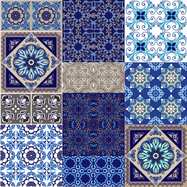 Geleneksel renkli patchwork dikişsiz desen. Çiçekli duvar kağıdı. Kumaş, tekstil, ambalaj kağıdı için dekoratif süs. Indigo geleneksel fayans deseni.