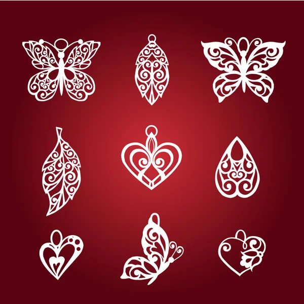 Set Decorative Pendants Decor Shape Openwork Butterflies Leaves Lace Hearts — Stock Vector