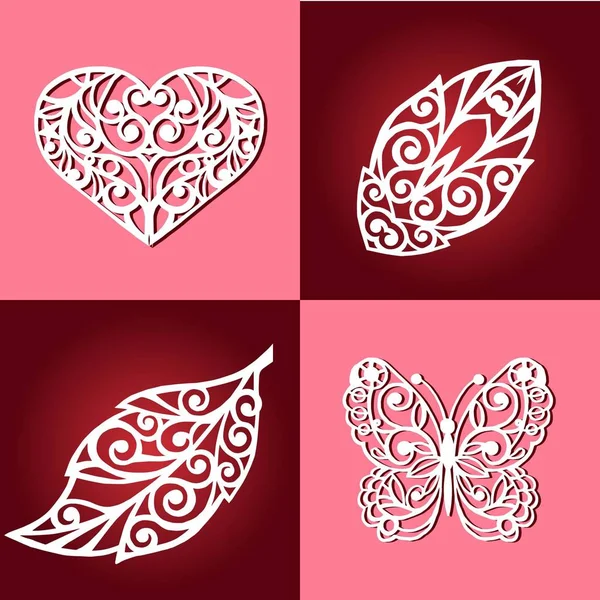 一套装饰在形状开放工作的蝴蝶 叶子和蕾丝心 矢量图形