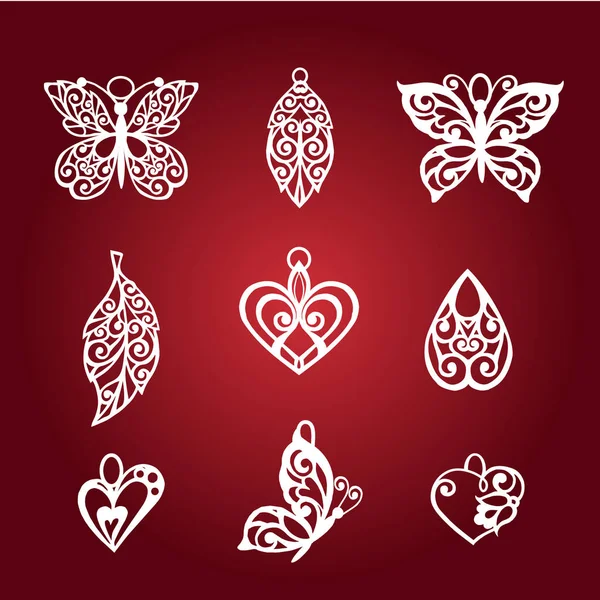 Набор Декоративных Кулонов Декор Форме Открывающиеся Бабочки Листья Кружева Сердца Стоковый вектор