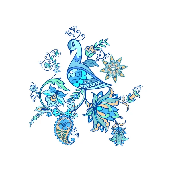 Fantastisk Fågel Med Dekorativa Blommor Och Paisley Blå Blommig Prydnad Stockillustration