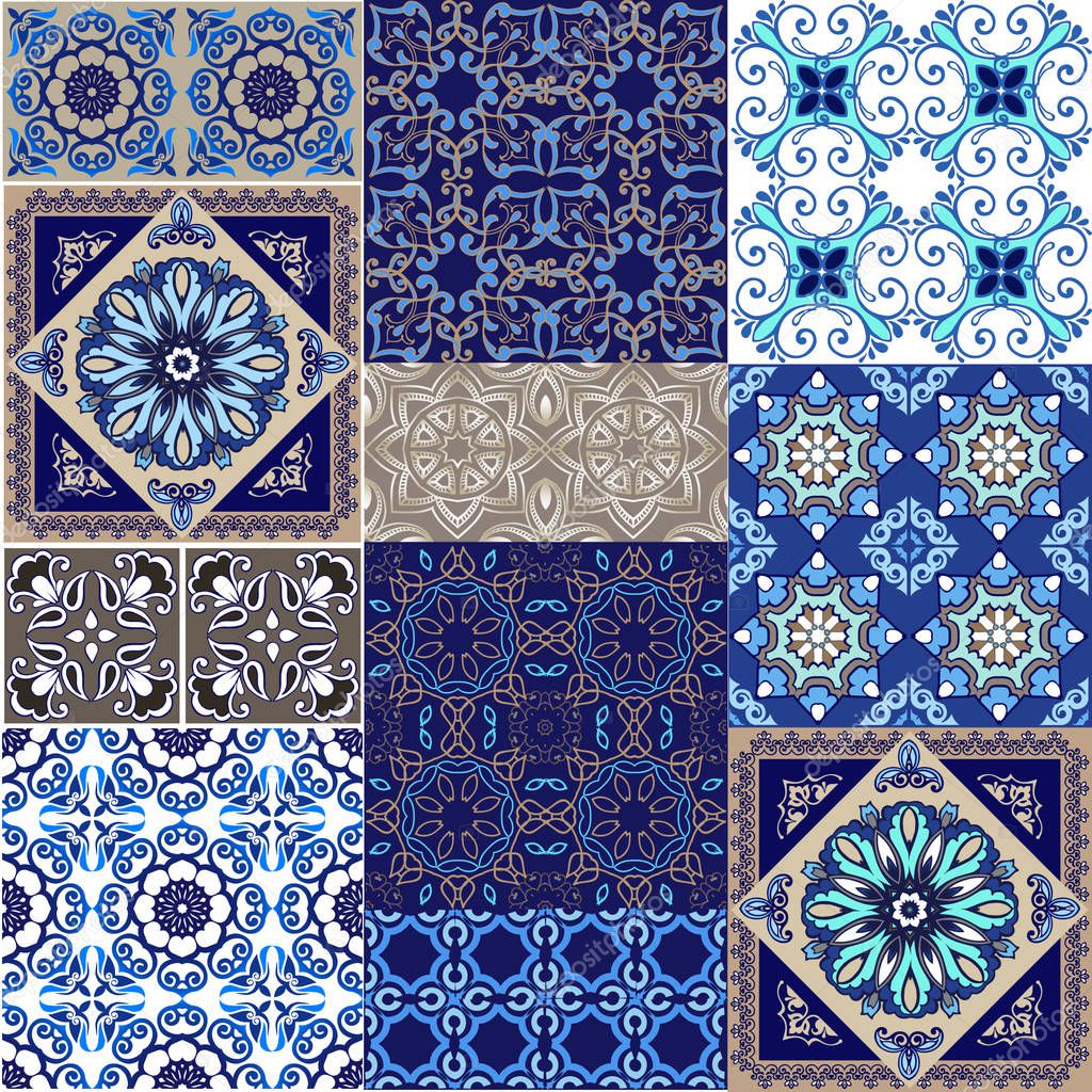 Traditional colorful patchwork seamless pattern. Floral wallpaper. Decorative ornament for fabric, textile, wrapping paper. Indigo traditional tiles pattern.