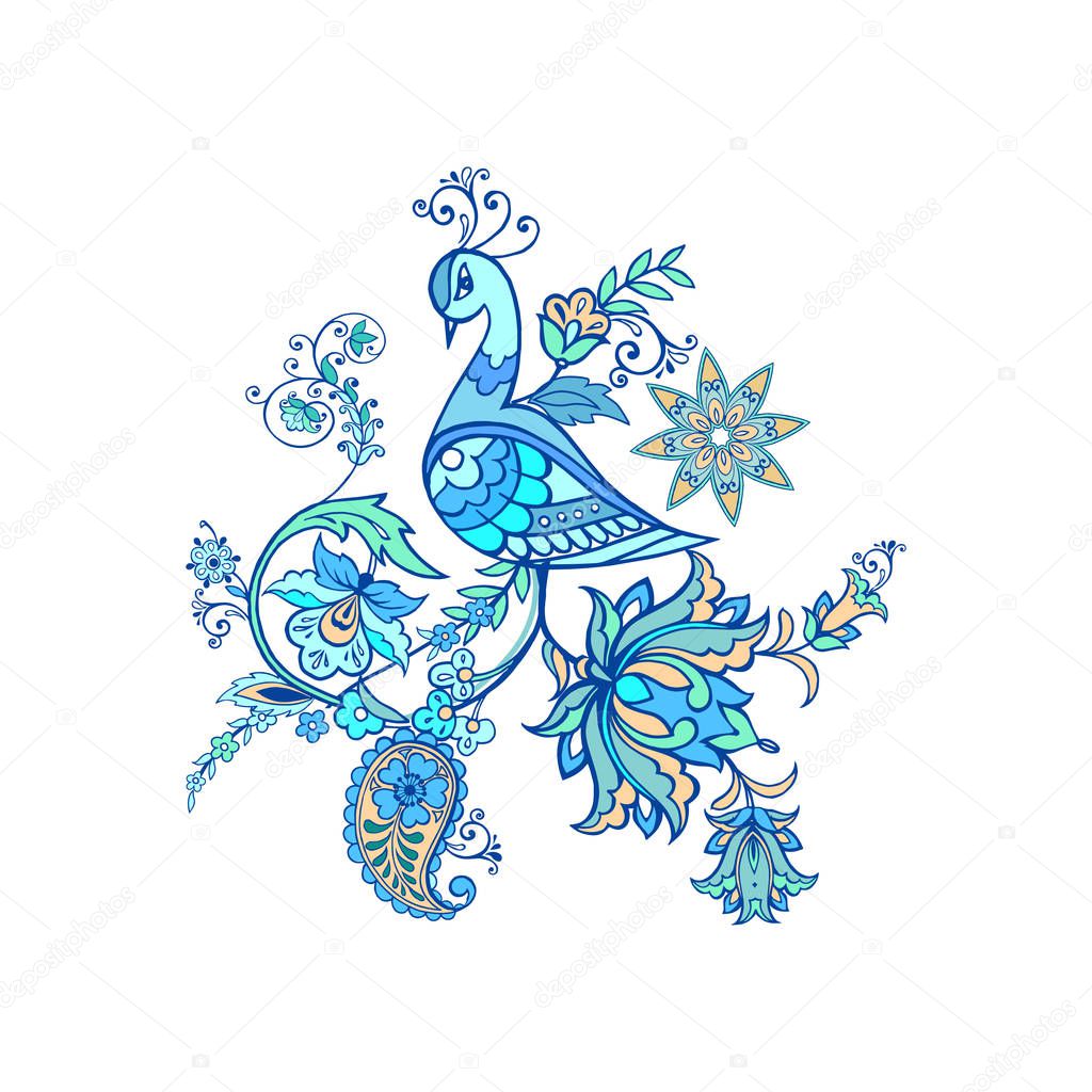 Fantastic bird with decorative flowers and paisley. Blue floral ornament with a bird.