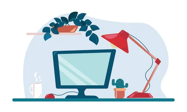 Bilgisayar lambası olan bir çalışma istasyonu sıcak içecek ve bitkilerle dolu bir fincan.