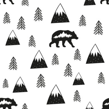 Vektör çizim şık çizgi film seamless modeli ile. Ayı, çam ağaçları ve dağlar. Siyah ve beyaz doodle tarzı baskı tasarımı, çocukça mürekkep arka plan