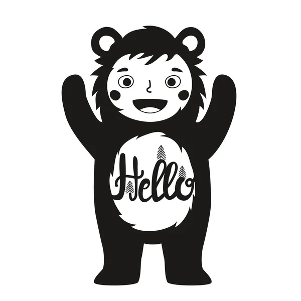 Zabawny Wektor Ilustracja Cute Dziecko Stroju Niedźwiedzia Słowo Witam Typografia — Wektor stockowy