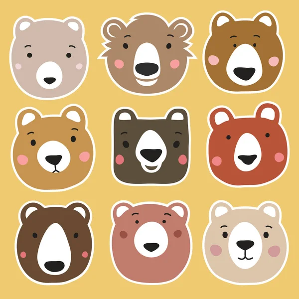Conjunto Vetores Com Cabeças Urso Autocolantes — Vetor de Stock