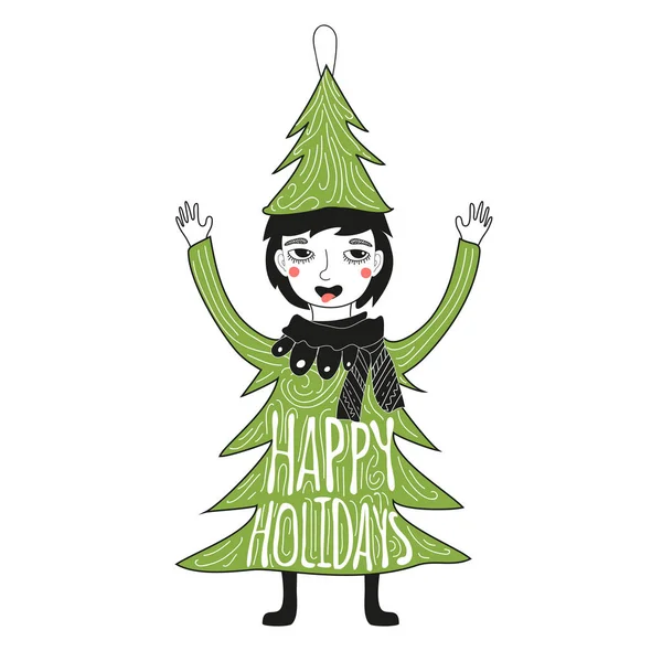 Vector Illustration Funny Smiley Face Girl Pine Tree Costume Happy — Stock Vector