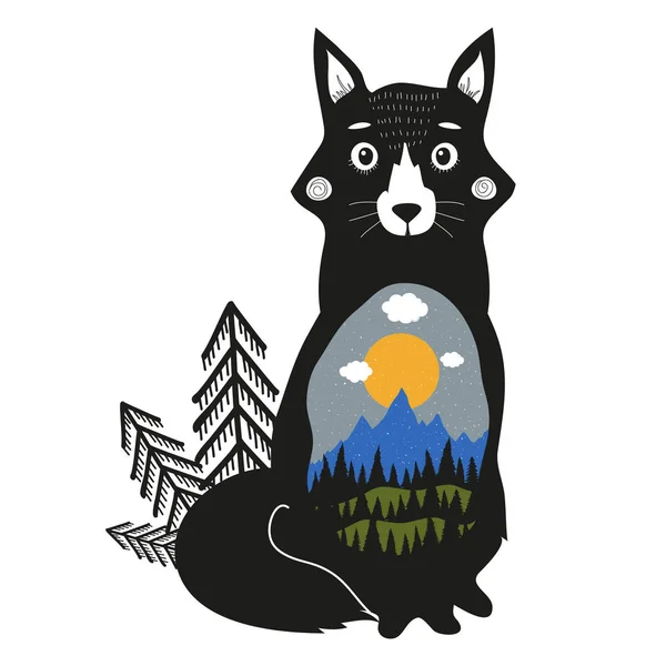 Illustration Vectorielle Avec Renard Mignon Montagnes Bleues Forêt Pins Noirs — Image vectorielle