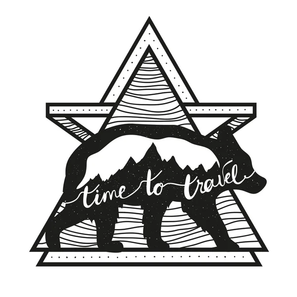 Vector Illustration Bear Silhouette Mountains Inspirational Motivational Lettering Quote Time — Stock Vector