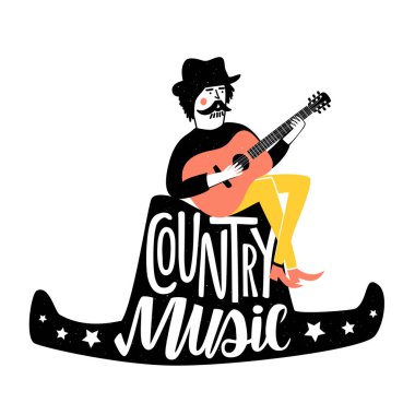 Vektör çizim kovboy şapkasını oturan ve akustik gitar çalmak adamla. Country müzik metin yıldız ile yazı